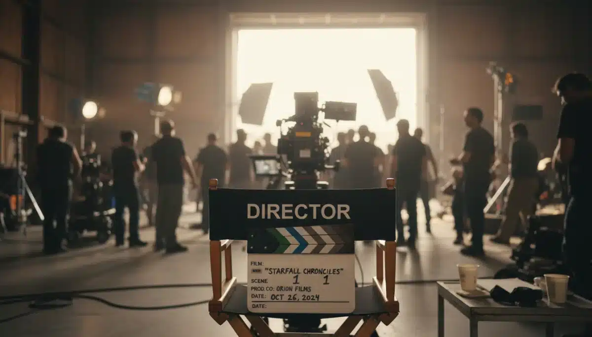 Director's chair on set, clapperboard ready for anticipated film production.