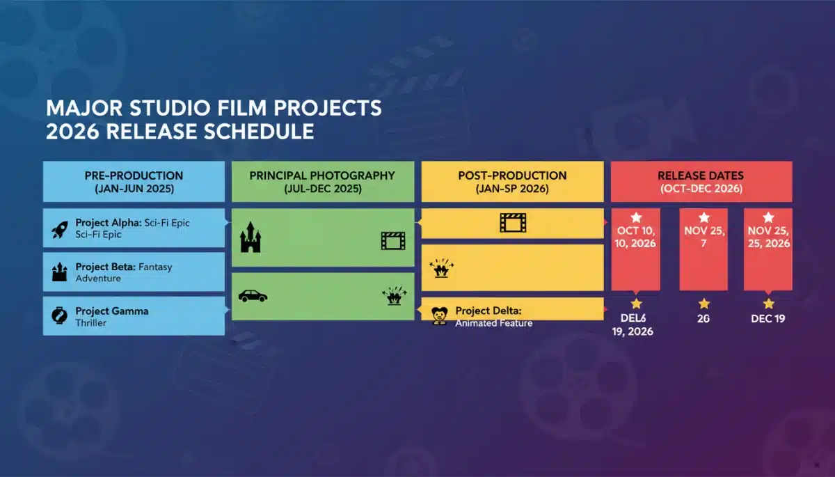 Infographic detailing film production stages for 2026 studio releases.