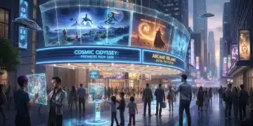 Futuristic movie marketing marquee with holographic projections and engaged audience