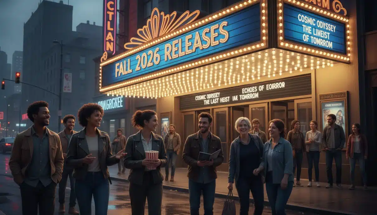 Excited moviegoers discussing anticipated film releases of Fall 2026 after screening.