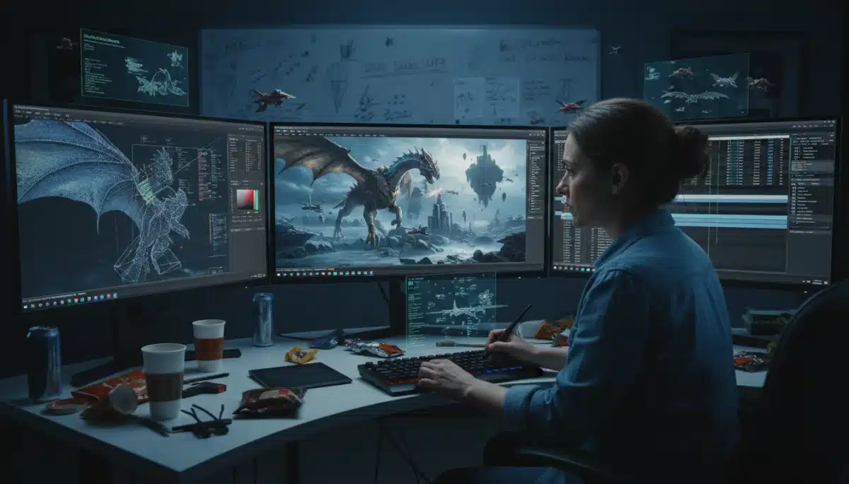 VFX artist refining intricate CGI for a 2026 blockbuster.