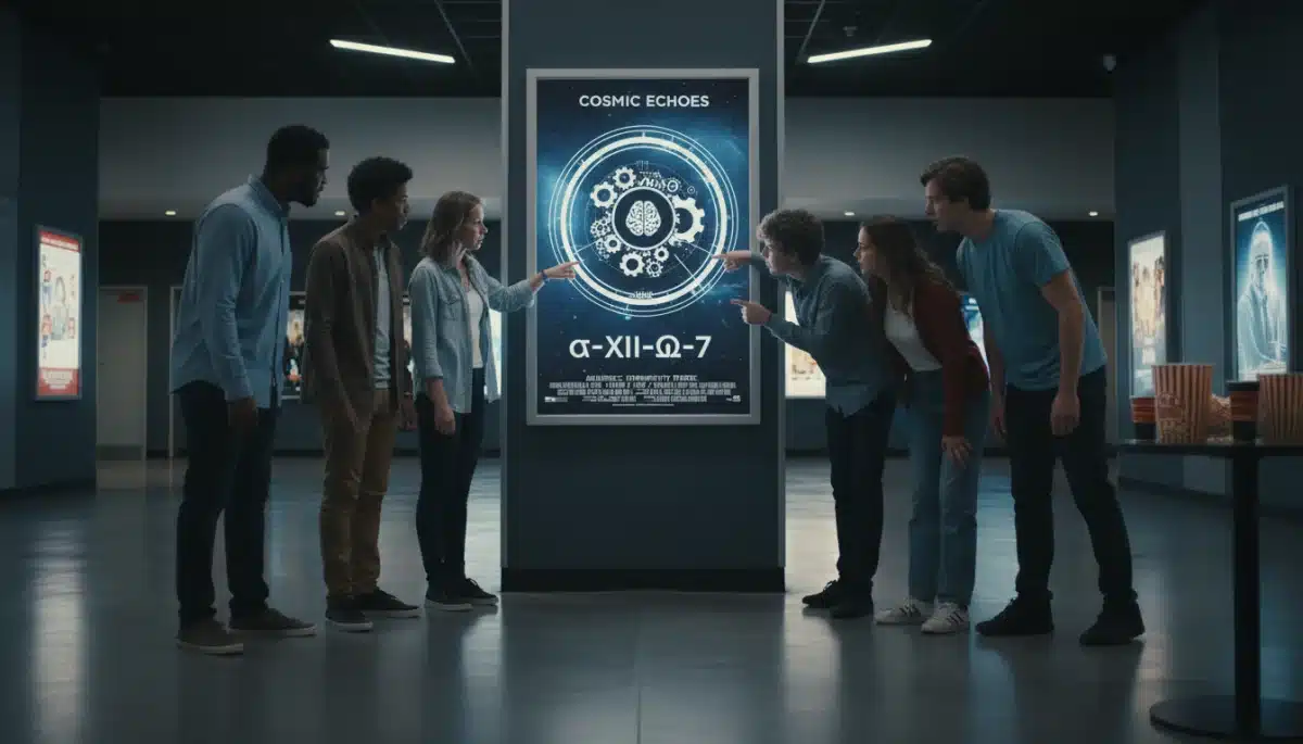 Moviegoers reacting to new MPAA rating symbols on a film poster.