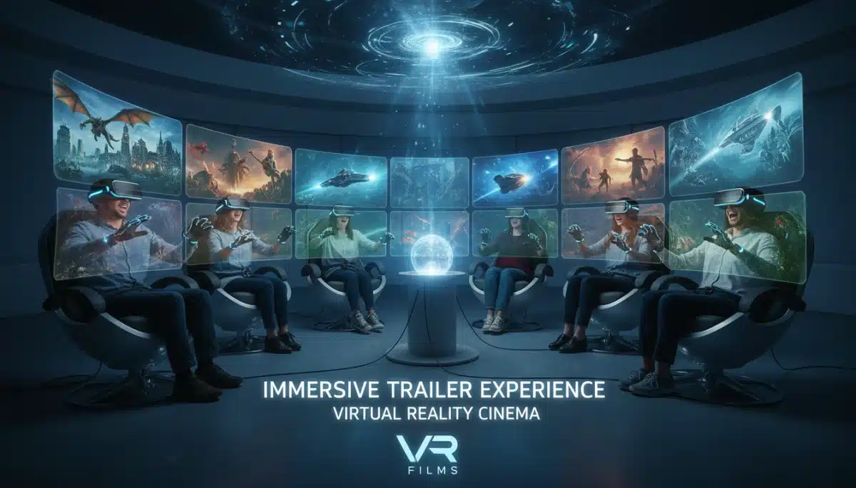 Audience wearing VR headsets for immersive movie trailer experience