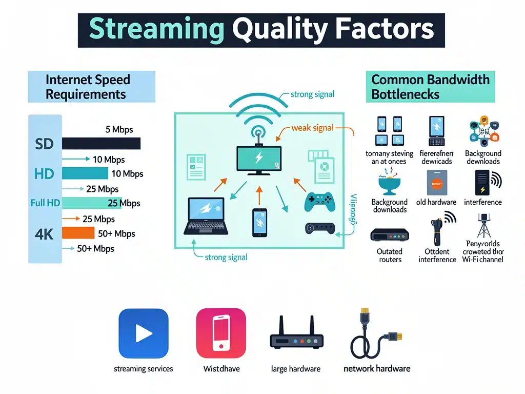 Infographic illustrating internet speed requirements and network optimization tips for smooth 4K streaming.