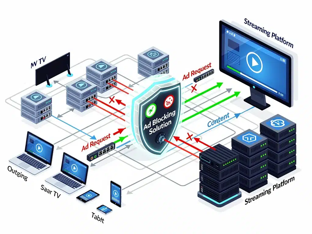 Diagram showing ad-blocking software intercepting ad requests for streaming.