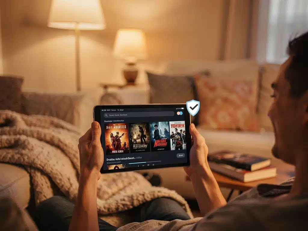 Person watching ad-free streaming on tablet with ad-blocker icon.