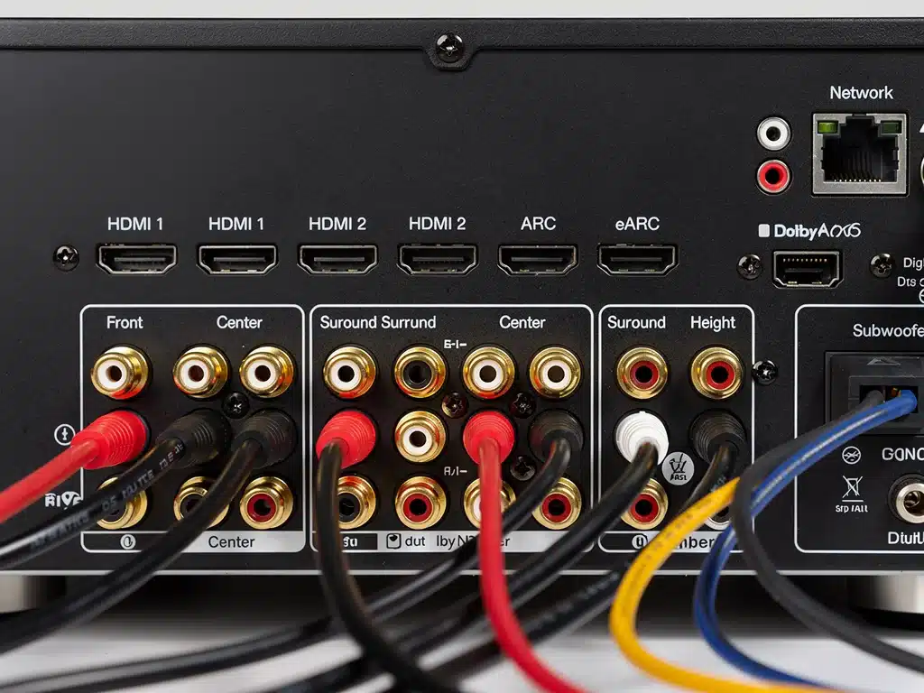 Rear panel of an AV receiver showing Dolby Atmos and DTS:X compatible ports