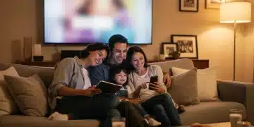 Family watching streaming content on TV with parental controls enabled