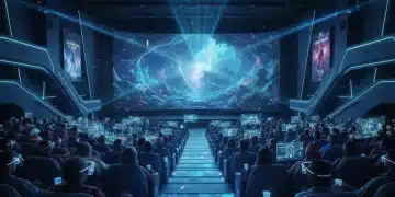 Futuristic cinema interior with diverse audience, advanced screen, and immersive technology.