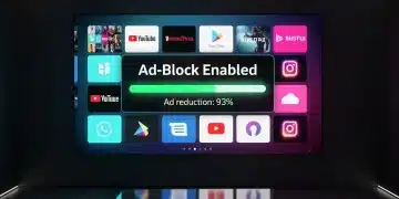 Futuristic streaming interface with ad-block enabled, showing significant ad reduction.