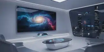 Futuristic living room with UHD TV and sleek streaming device, highlighting advanced entertainment.