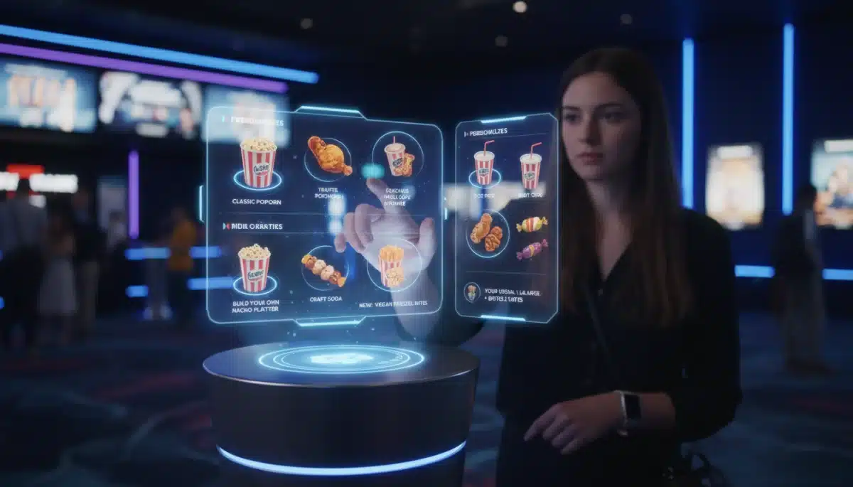 Holographic concession stand menu in a modern movie theater, showing interactive ordering.
