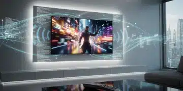 Futuristic living room with 4K TV optimized for high-quality streaming experience.