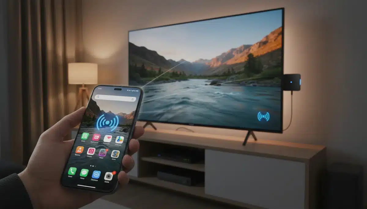 Hand holding smartphone mirroring content to TV via streaming device.