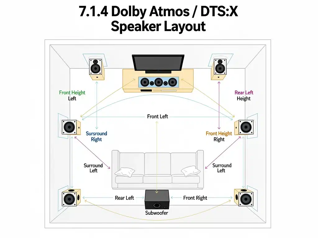 Speaker placement diagram for 7.1.4 Dolby Atmos and DTS:X home theater