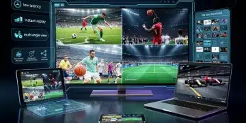 Futuristic sports fan watching multiple live streams on various devices, highlighting low latency and diverse channels for 2026 live TV streaming.