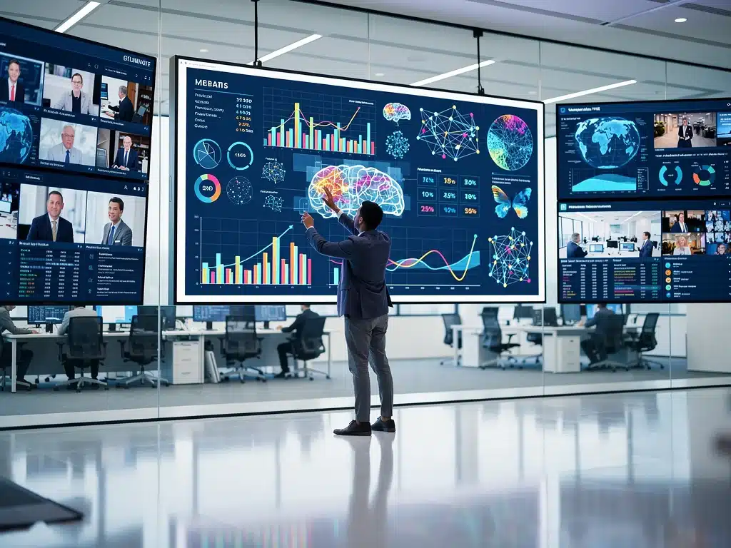 Journalist analyzing data visualizations for news reporting with AI assistance.