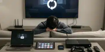 Frustrated person watching buffering streaming content on multiple devices.