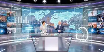 Futuristic news studio with holographic displays and AR graphics for 2026 broadcast journalism.