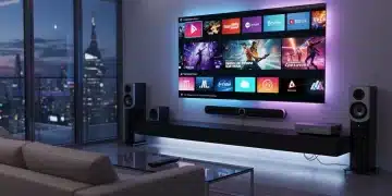 Futuristic living room with advanced streaming setup and high-definition content