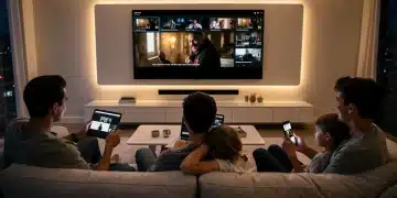 Family enjoying synchronized multi-device streaming on four gadgets.