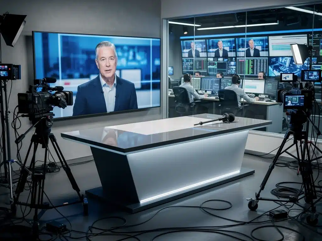 News anchor on screen with production control room, representing news delivery.