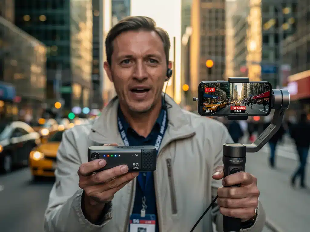 Reporter live streaming with 5G technology for breaking news coverage.