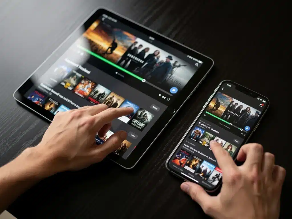 Hands interacting with a tablet and smartphone sharing a synchronized watchlist.