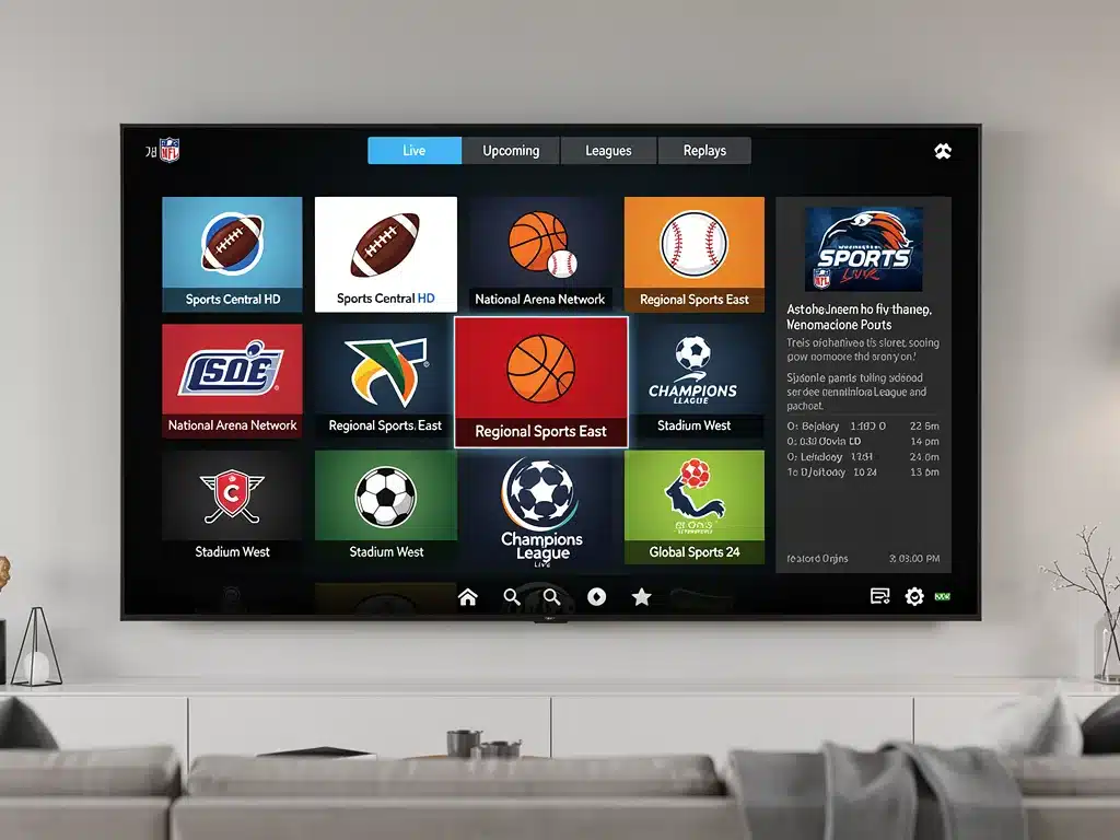 Modern TV screen displaying a comprehensive sports channel lineup grid from a live streaming service, emphasizing availability.
