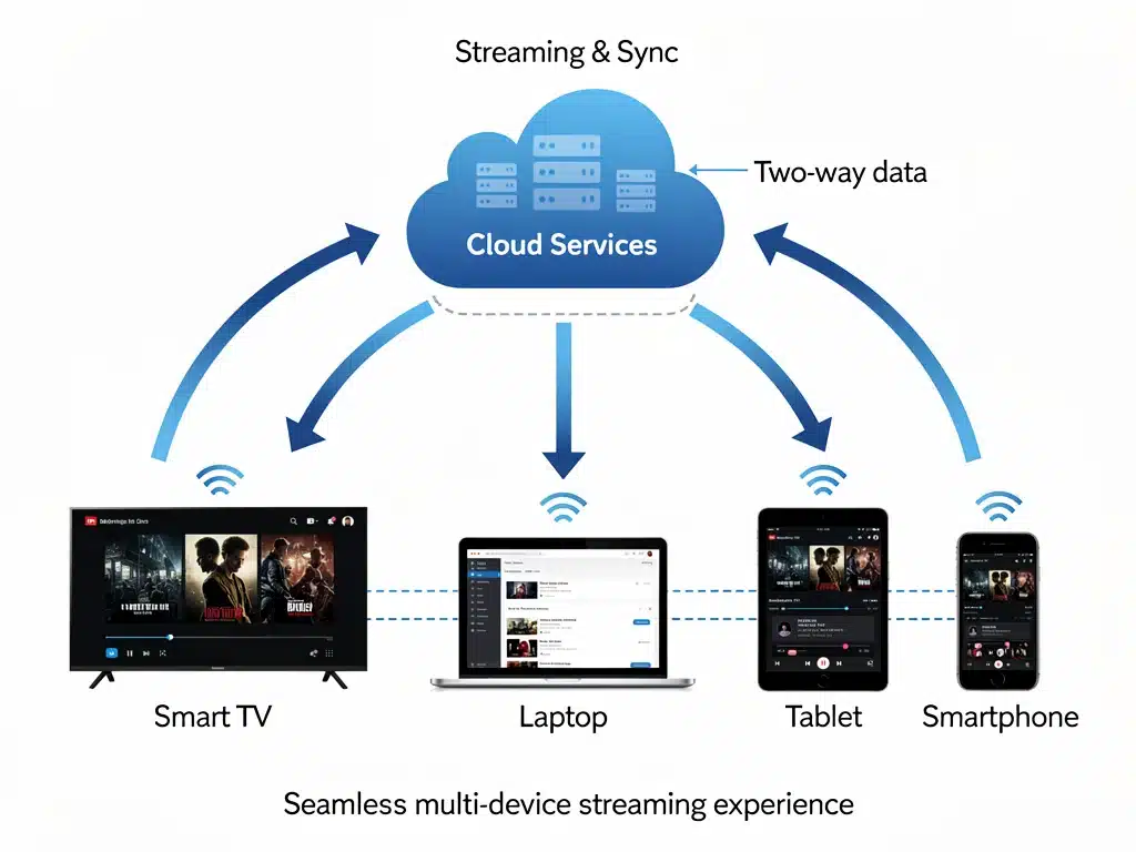 Diagram showing data flow for multi-device streaming synchronization.