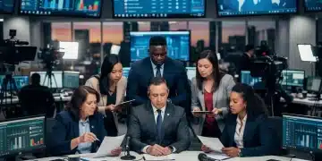 News team in a modern newsroom discussing 2026 challenges facing local TV news affiliates nationally.