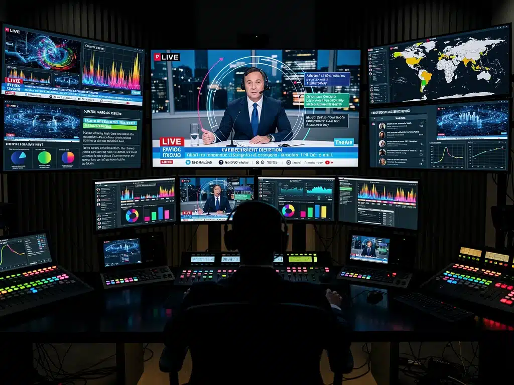 News control room with AI-generated graphics and real-time data overlays.