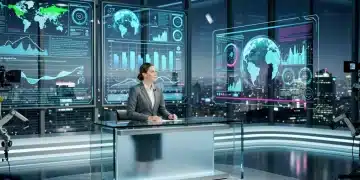 AI integration in TV news studio by 2026, showcasing advanced technology and human interaction.