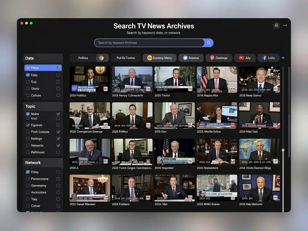 Digital interface displaying a searchable library of historical TV news archives.
