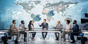 Future news anchors in a high-tech TV studio, showcasing evolving broadcast trends.