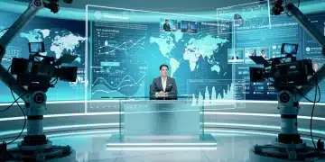 Futuristic news studio with holographic displays and robotic cameras, showcasing advanced live TV news production.