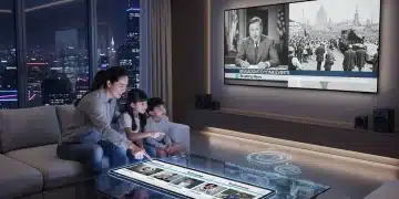 Family watching historical news on a large screen, exploring TV news archives on-demand.
