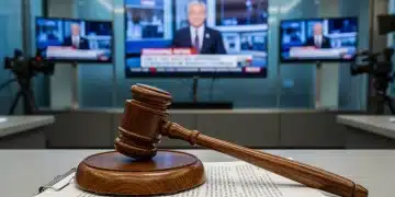 Gavel on legal documents with TV news screen background, symbolizing media regulation.