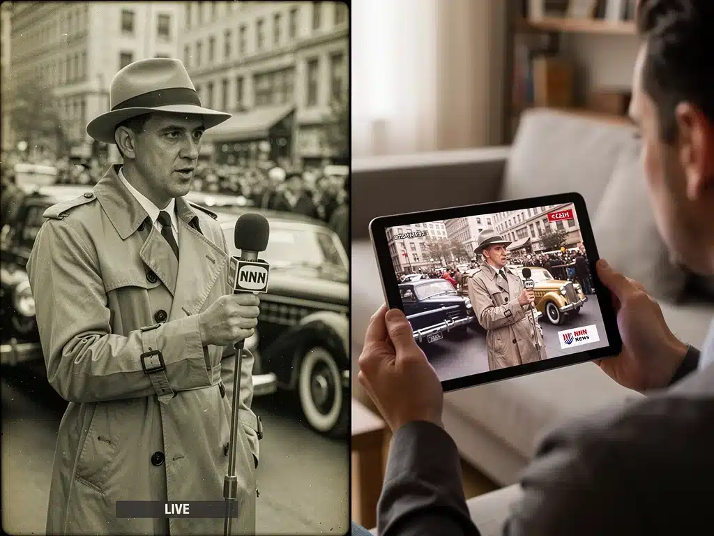 Split screen showing historical news report and modern on-demand viewing.