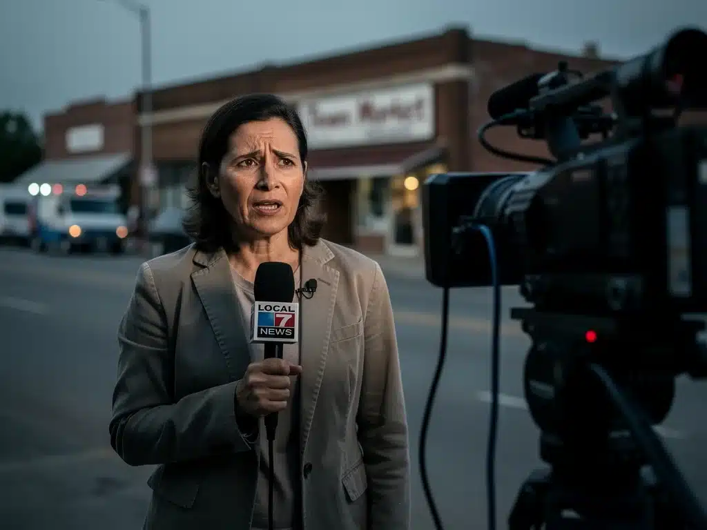 Local news reporter looking concerned, representing the economic pressures on local TV news.