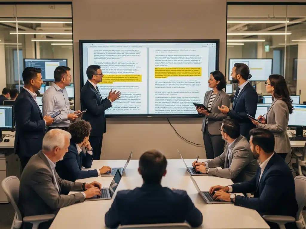 Journalists and producers discussing policy changes in a newsroom.