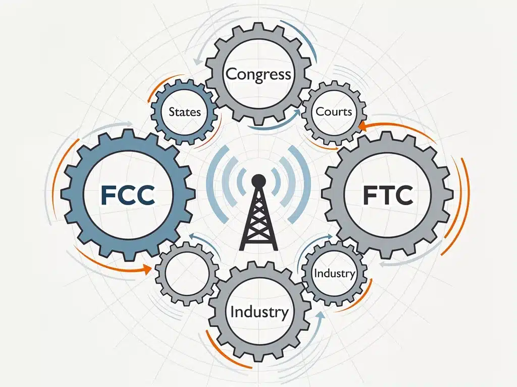 Interconnected gears representing FCC, FTC, and Congress influencing a broadcast tower.