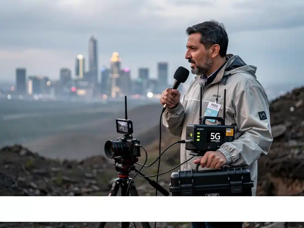 Journalist using portable 5G broadcast unit for live remote reporting.