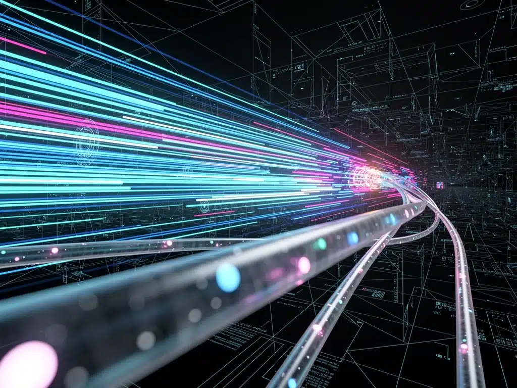 High-speed data flow through fiber optic cables for ultra-fast streaming.