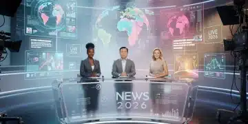 Futuristic news studio with holographic displays showcasing innovative storytelling in 2026.