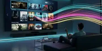 Futuristic user achieving sub-1-second streaming load times on a large screen.
