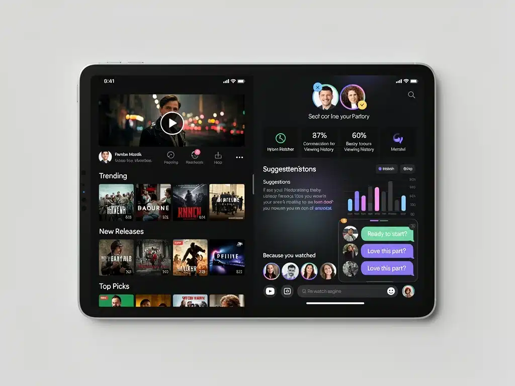 Tablet screen showing personalized recommendations and a watch party feature on a streaming service.
